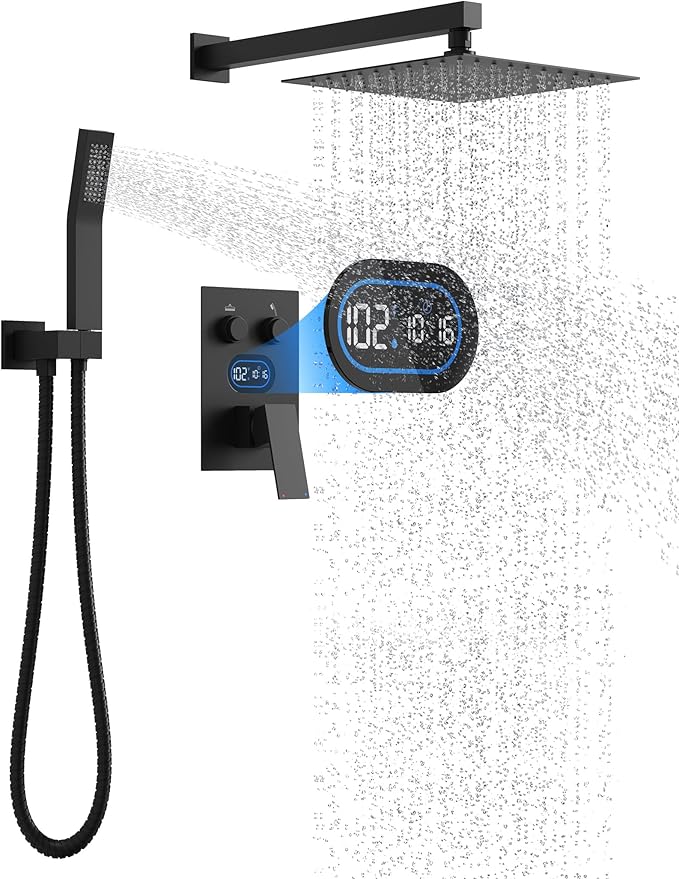 Push Button Diverter Shower Faucet Set, Hydro Power Temperature Display, Shower System 12 Inch Shower Head with Handheld Spray, Wall Mounted Shower Fixtures with Shower Valve and Trim Kit, Matte Black