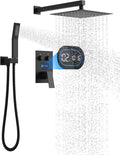 Push Button Diverter Shower Faucet Set, Hydro Power Temperature Display, Shower System 12 Inch Shower Head with Handheld Spray, Wall Mounted Shower Fixtures with Shower Valve and Trim Kit, Matte Black