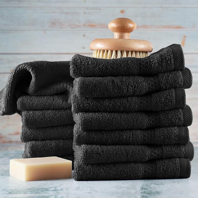 Hearth & Harbor Washcloths 12 Pack - 100% Cotton Washcloth for Body and face, High Absorbent and Soft 13"x13" Body Wash Cloth, Quick Dry - Black Washcloths