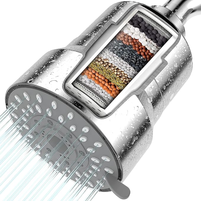 Filtered Shower Head, 2-in-1 Shower Head Filter-5 Modes High Pressure Output with 15 Stage Hard Water Shower Filter Cartridge for Remove Chlorine Heavy Metals and Other Sediments