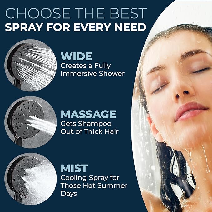 HammerHead Showers® Solid Metal 3-Spray Handheld Shower Head with Long Hose and Holder - MATTE BLACK - WIDE, MASSAGE, and MIST Sprays - 1.8 GPM Low Flow Handheld Showerhead - Water Saving Shower Head