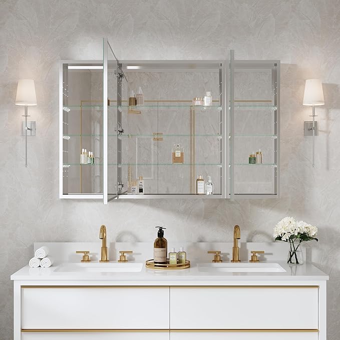 WELLFOR 48" x 30" Rectangle Medicine Cabinet Mirror, Surface Mount or Recessed Medicine Cabinet with Tempered Mirror, Anodized Chrome Aluminum Frame, Bathroom Mirror with Storage