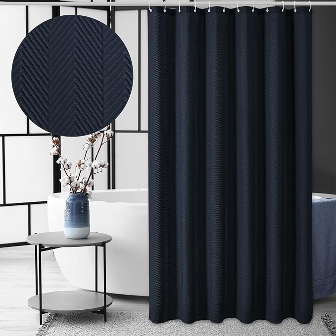 Gibelle Navy Blue Shower Curtain, 3D Embossed Textured Herringbone Fabric Shower Curtain, Modern Farmhouse Bathroom Decor Soft Cloth Shower Curtain Set with Hooks, 72x72