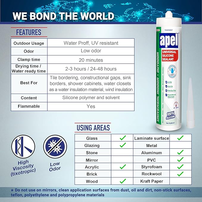 apel All Purpose Clear Silicone Sealant Waterproof (1 x 10.5 fl.oz.), 100% Silicone Caulk, Weatherproof & Flexible Adhesive Sealant for Indoor and Outdoor Use, Transparent - 1 Pack