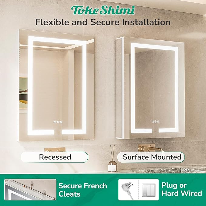TokeShimi 36x24 Lighted Medicine Cabinet Mirror with Outlet, 3 Colors Dimmable Bathroom Mirror Medicine Cabinet Surface or Recessed Mount, Anti-Fog Mirror with Storage for Vanity and Modern Decor