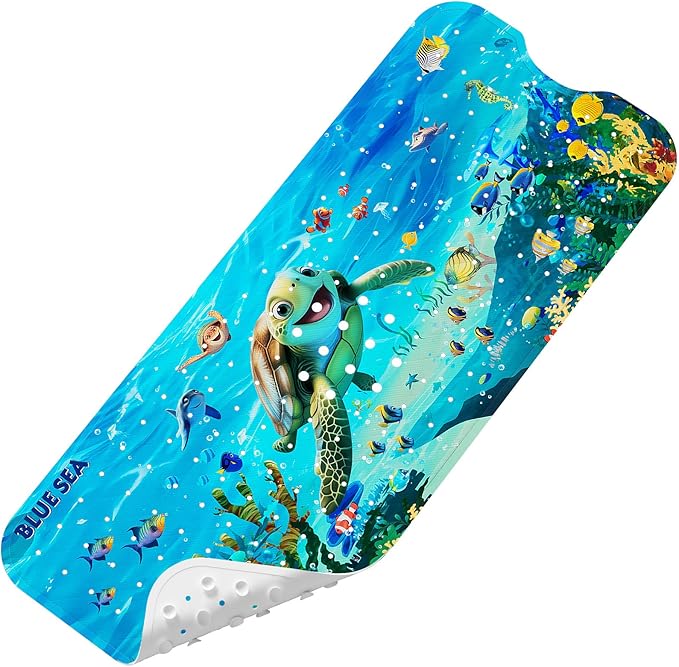Upgrade Cartoon Baby Bath Mat Non Slip - 40"x16" Extra Long Bathtub Mat for Baby Eco Friendly Durable Bath Mat for Tub Non Slip Kids Tub Mat with Suction Cups, Machine Washable and No Fading, Turtle