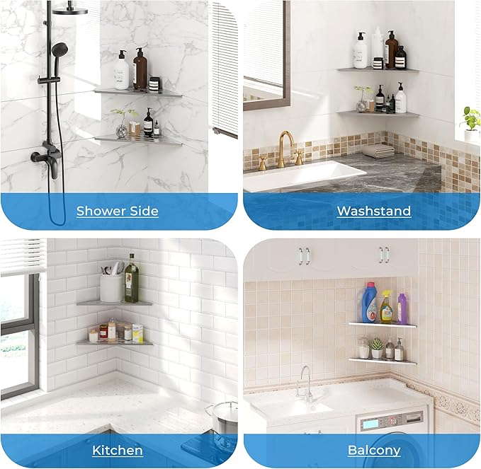 FerdY 2-Pack 10" Brushed Nickel Recessed Corner Shower Shelf, for Tiled Bathroom Walls, 304 Stainless Steel Floating Shelf, Shower Caddy Storage Shelves, No Drilling Required, Striped Triangle