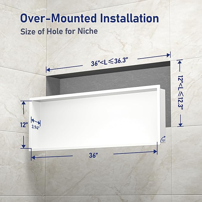 Stainless Steel Shower Niche 36" X 12" White No Tile Needed Niche Shower Recessed Wall Niches for Bathroom Storage Over Mount Installation