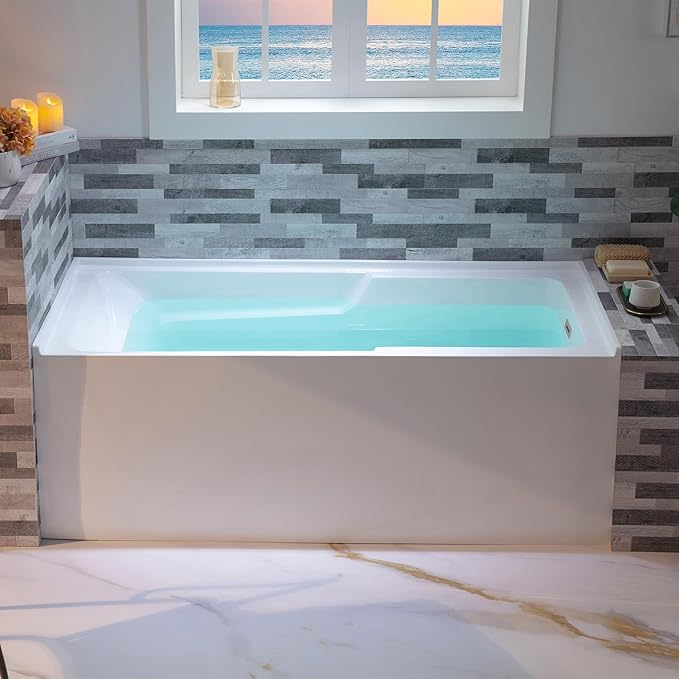 WOODBRIDGE 60" Acrylic Rectangular Alcove Soaking Bathtub in White with Right Drain, Chrome Pop-Up Drain Included BA6030R