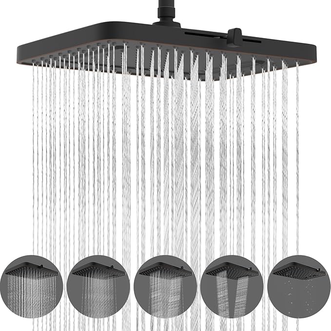 Hibbent 5 Spray Modes Shower Head, 13'' High Pressure Rain Shower Head, Large Rainfall Showerhead, High Flow Waterfall Bathroom Fixed Showerheads with Adjustable Swivel Ball Joint, Oil Rubbed Bronze