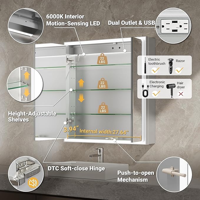 30x32 Beveled Lighted Medicine Cabinet with Mirror & Lights, Surface or Recessed Mirrored Medicine Cabinet with Outlet & Clock, Anti-Fog Dimmable LED Storage Cabinet, Built-in Sensor Light