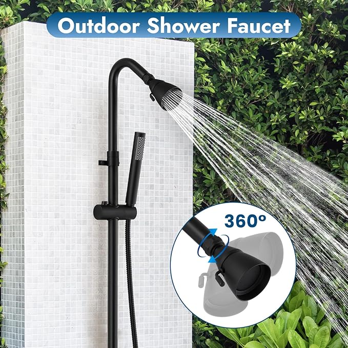 Matte Black Wall Mount Outdoor Shower Kit with Hand Held Spray Two Cross Handles with Adjustable Slide Bar Two Function Exposed Shower Faucet System