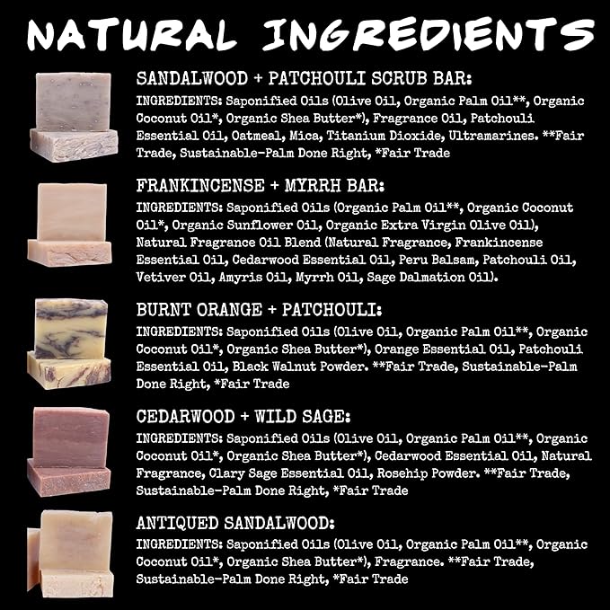 BLUEBYRD Handmade Soap Bar Gift Box - Woodsy Scent 5 Bar Variety Pack Body Soap | Shaving Soap - Homemade Soap Gift for Men & Women - Sandalwood, Patchouli, Frankincense, Orange, Cedar (Woods)