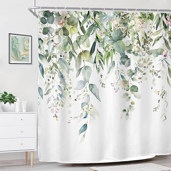 Riyidecor Green Eucalyptus Leaves Shower Curtain for Bathroom Decor 72Wx78H Plants Watercolor Floral Rustic Botanical Spring Nature Farm Art Printed Fabric Polyester Waterproof 12 Pack Plastic