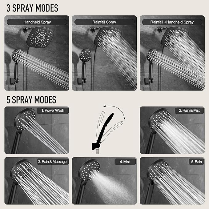 Veken 10 Inch Rain Shower Head with Handheld, High Pressure Rainfall Showerhead Combo with 5 Handheld Water Spray Modes for Bathroom Accessories, Home Decor, Detachable Dual Shower Heads, Matte Black