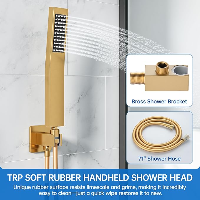 10 Inch Luxury Rain Shower Faucet Set, Brushed Gold Shower System with Rainfall Shower Head and Handheld Spray, SUS304 Stainless Steel and Solid Brass Wall Mounted Shower Valve Trim Kit