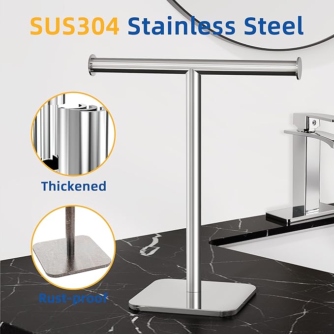 RUACQ T-Shape Hand Towel Holder Stand, Weighted Base Towel Rack, Countertop Towel Holder for Bathroom, 304 Stainless Steel, Heavy Duty (Chrome)