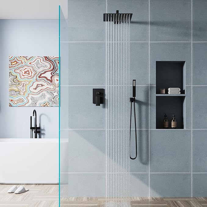WELLFOR 12-In Wall Mounted Rain Shower Faucet with Single Handle and Handheld Spray, Waterfall Dual Head Shower Head System with 2-way Diverter, Pressure-balanced Valve Included, Matte Black