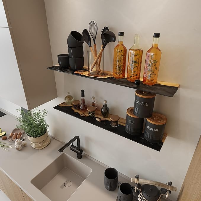 RWA Live Edge Floating Shelf – Unique Wood Floating Shelf for Wall Decor, Living Room, Bedroom, or Bathroom – Stylish Decorative Wall Shelves for Home & Office (Live Edge, Black - 16x6)
