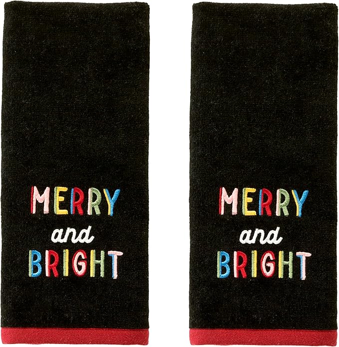 SKL Home Christmas/Winter Rainbow Merry 100% Cotton Embroidered 2pc Hand Towel Set, Decorative for Bath/Kitchen/Bar, Black