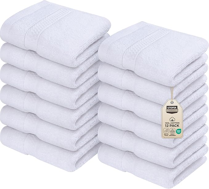 Utopia Towels 12 Pack Premium Wash Cloths Set, 12 by 12 Inches, 100% Cotton Ring Spun, Highly Absorbent and Soft Feel Essential Washcloths for Bathroom, Spa, Gym, and Face, White