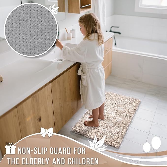 Yimobra Long Bathroom Rug Non Slip 44x24 Inch, Extra Thick Soft Absorbent Chenille Bath Mat, Machine Washable Quick Dry Bath Rugs for Bathroom Floor, Tub and Shower, Home Decor Accessories, Khaki