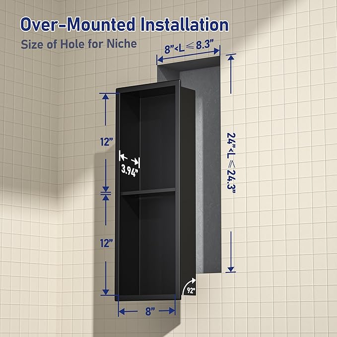 Stainless Steel Shower Niche Matte Black 8"×24" with 2-Tiers Shelf No Tiled Needed Niche Shower for Bathroom Wall Storage Recessed Metal Shower Shelf Over-Mounted Installation