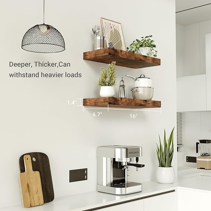 Vivelove Floating Shelves for Wall 16 inchs Long, Bathroom Shelves Over Toilet, for Bedroom, Living Room, Kitchen, Farmhouse Decor, Rustic Wall Shelves with Invisible Brackets - Set of 2, Rustic Brown