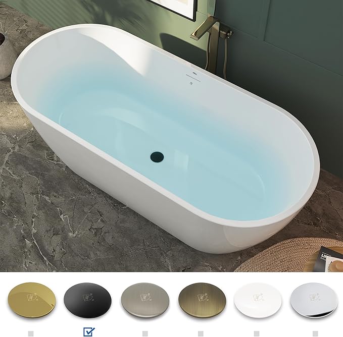 FerdY 67" Bali Elite Acrylic Freestanding Bathtub, Gracefully Shaped Freestanding Soaking Bathtub, cUPC Certified, Toe-Tap Matte Black Drain and Minimalist Linear Design Overflow Included