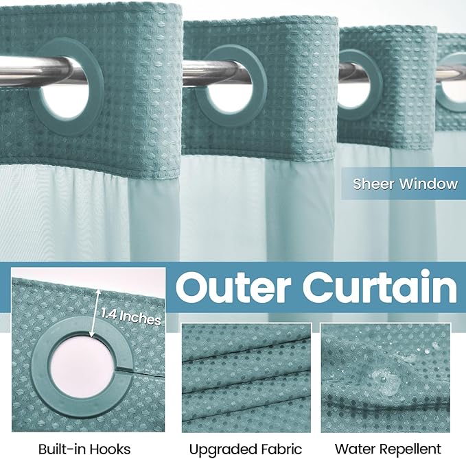 Teal No Hook Shower Curtain with Snap in Liner,230GSM Waffle Weave Shower Curtains for Bathroom,71W x 74H