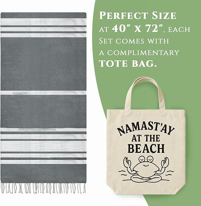 Turkish Cotton Beach Towel Pack of 4 & 1 Boho Tote Bag - Hammam Towels - No Shrink - Quick Dry - Lightweight - Sand Free - Camping - Pool - Tanning - Beach Essentials - Gray (40"x70")