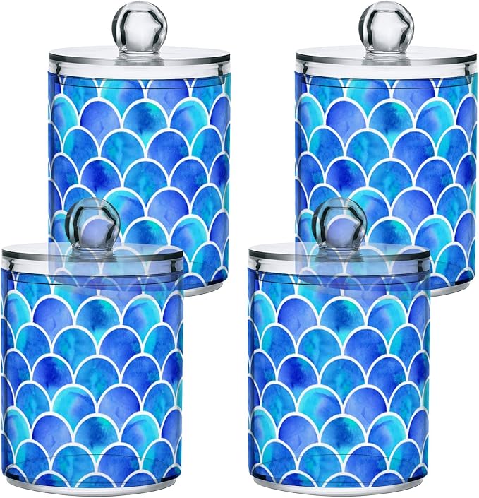 MNSRUU 4 Pack Qtip Holder Organizer Dispenser Blue Scales Of Mermaid Bathroom Containers Bathroom Vanity Storage Canister Apothecary Jars for Cotton Swabs/Pads/Floss