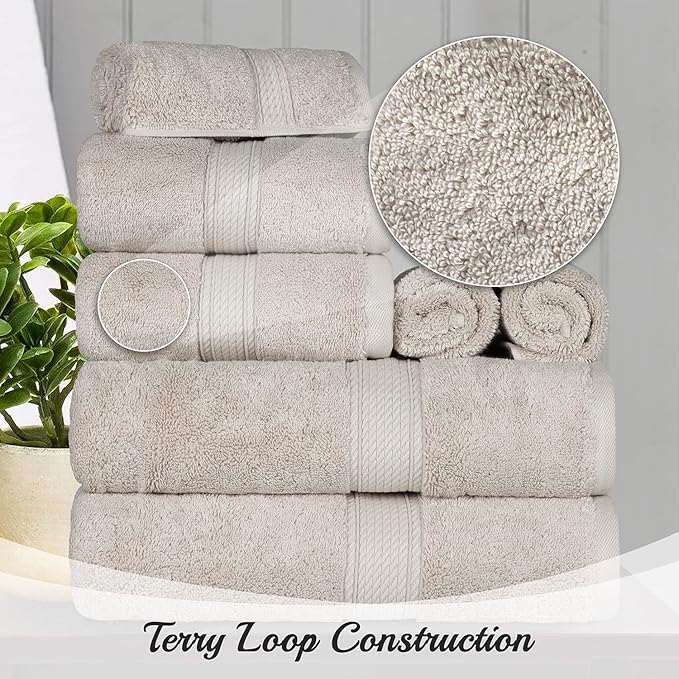 BLUENILEMILLS Madison Egyptian Cotton Towels, Towel Set for Bathroom, Shower, Hotel, Plush, 800 GSM, Highly Absorbent and Ultra-Soft Towels, Bath Essentials, 8 Piece Assorted Towel Set, Stone