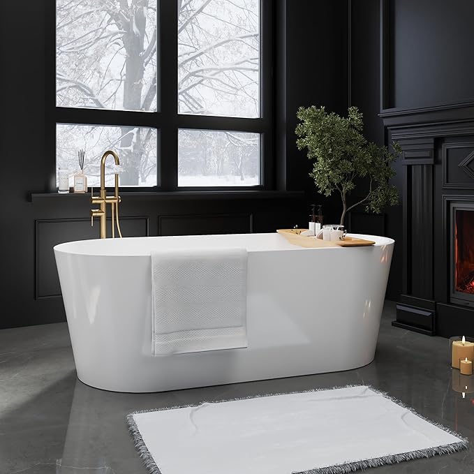 67" Acrylic Freestanding Bathtubs, Stand Alone Tub, Soaking Tubs for Bathroom, Integrated Overflow and Drain, cUPC Certified, Gloss White