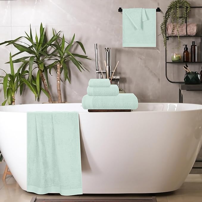 Ultra Soft 6 Pack Cotton Towel Set, Contains 2 Bath Towels 28x55 inch, 2 Hand Towels 16x24 inch & 2 Wash Coths 12x12 inch, Ideal Everyday use, Compact & Lightweight - Sea Green