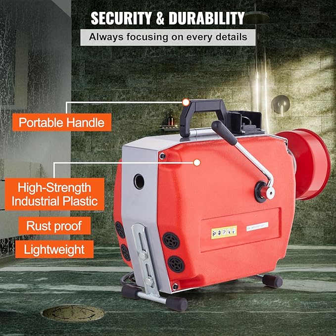 VEVOR 120FT x 7/8 Inch Drain Cleaner Machine, 420W Electric Sewer Snake Auger Manual Feed - with 6 Cutters, 2 Steel Cables (120' x 7/8" and 18' x 3/8") & CW/CCW Control for 1.9" to 6" Pipes