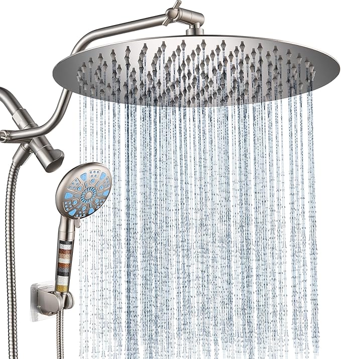 Cobbe 12 Inch All Metal Rain Shower Head, Dual Shower Heads with Handheld Spray Combo - Upgrade Extension Arm Height Adjustable - 9 Spray Filtered Shower Head, Brushed Nickel