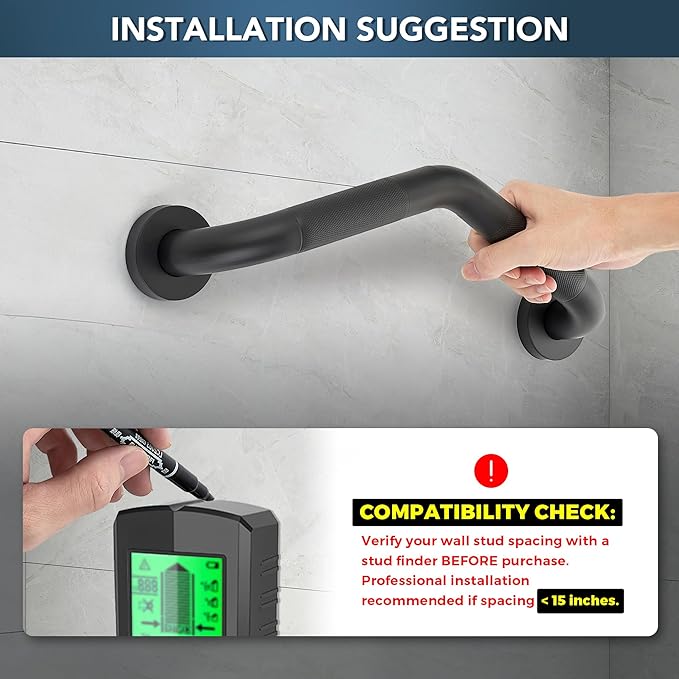 Grab Bars for Bathtubs and Showers- 1-1/4 x 16 Angled Shower Grab Bar for Seniors Knurled Stainless Steel Handicap Grab Bars for Wall (Black, 1 Pack)