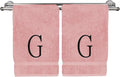 Monogrammed Hand Towel, Personalized Initial Gift, Extra Absorbent 100% Turkish Cotton - Soft Terry Finish - Set of 2 - Black Block Initial G - Embroidered on Pink Towels