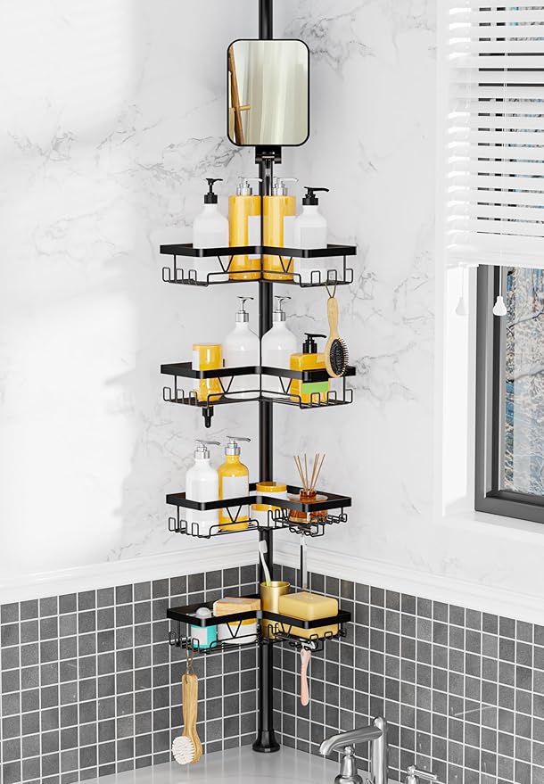 Shower Caddy Tension Pole with Anti-Fog Shaving Mirror, Tension Rod Shower Caddy Corner for Bathroom Organizer, Black