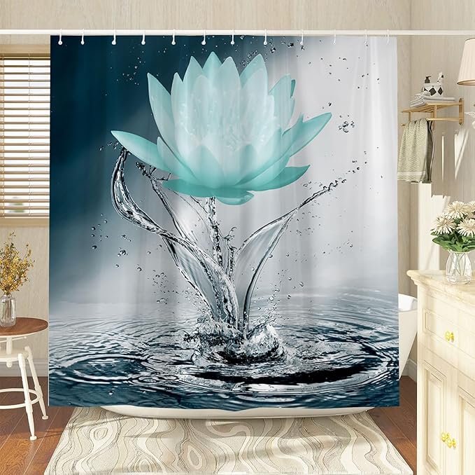 Lotus Shower Curtain Black White Blue Teal Flower Elegant Blooming Floral with Dew Spring Flower Reflection on Water Modern Romantic Polyester Fabric Bathroom Decor 70×96 Inch with Hook