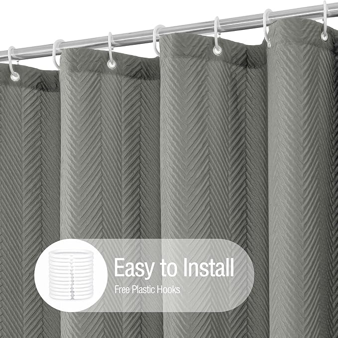 Gibelle Grey Shower Curtain, 3D Embossed Textured Herringbone Fabric Shower Curtain, Modern Farmhouse Bathroom Decor Soft Cloth Shower Curtain Set with Hooks, 72x72