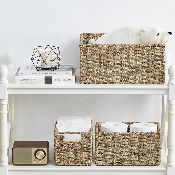 Vagusicc Wicker Basket, Seagrass Wicker Storage Basket with Built-in Handles, Baskets for Organizing, 15'' Large Storage Baskets for Shelves with Liner bathroom organizer (3-Pack Seagrass Baskets Set)