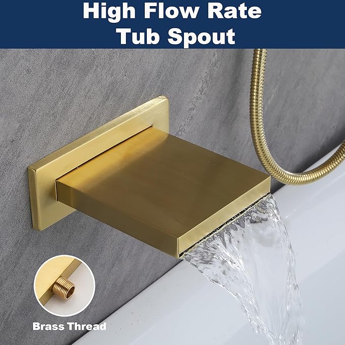 Gold Shower System with Tub Spout, All Metal Bathtub Shower Faucet Set with High Pressure 10 Inch Rain Shower Head and Handheld Shower Head Set, Brushed Gold (Valve Include)