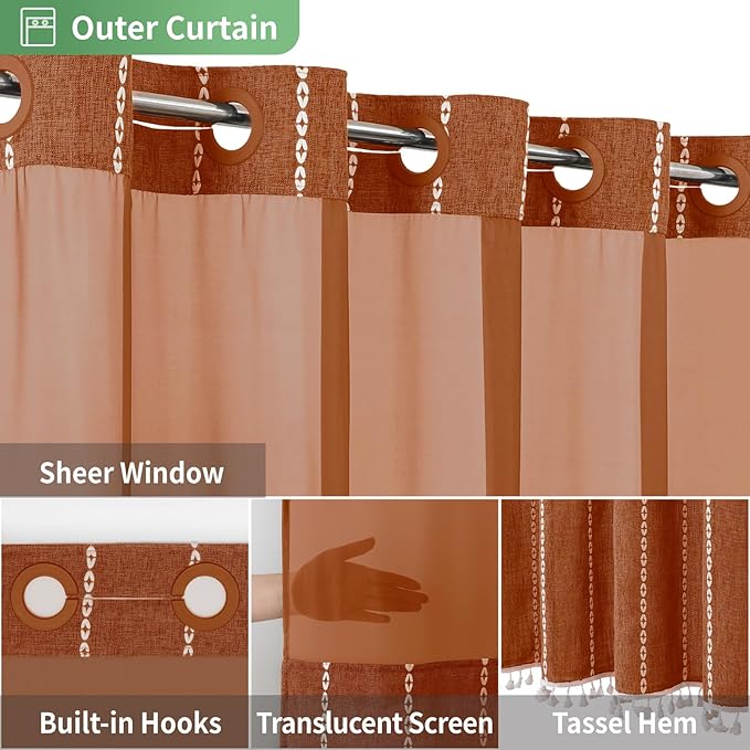 No Hook Long Shower Curtain Set with Snap-in Fabric Liner,Linen Textured Thick Striped Fabric with Tassels,Boho Farmhouse Rustic Luxury Bathroom Curtain,Water-Repellent,Orange,71x80