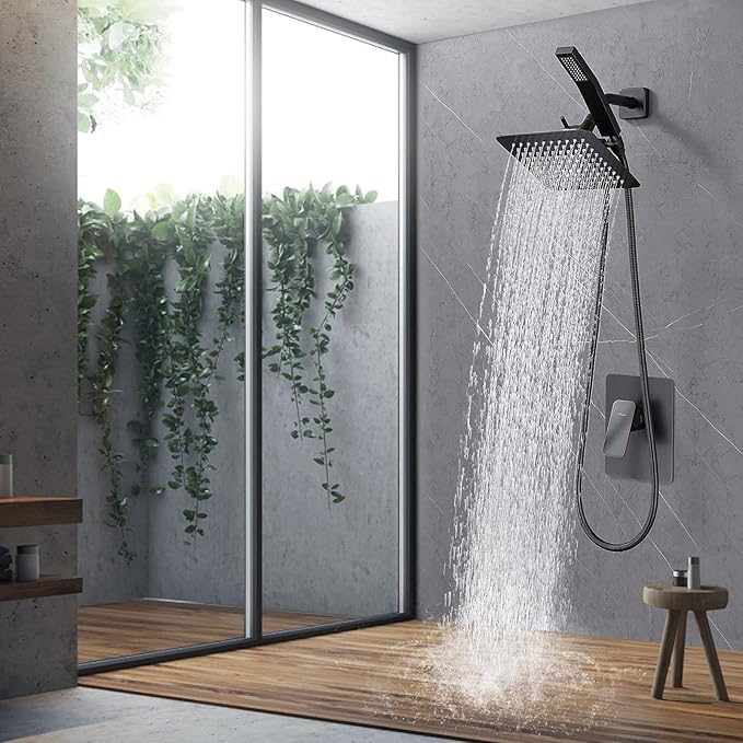 All Metal Shower Faucet Set, Dual Square Shower Head System with Handheld Wand, Diverter, Hose Complete Combo, Pressure Balance Rough-in Valve Included (Oil Rubbed Bronze）
