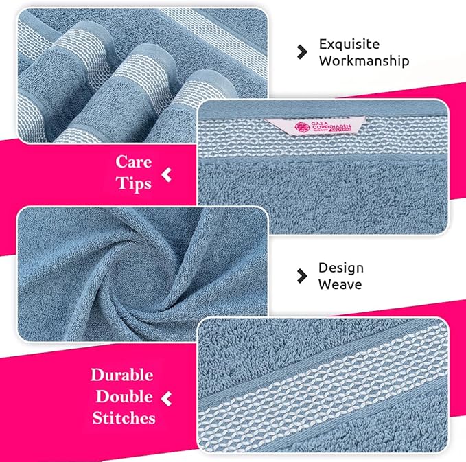 CASA COPENHAGEN Solitaire 6 Pieces Towel Set- Dusty Blue, 600 GSM 2 Bath Towel 2 Hand Towel 2 Washcloth, Designed in Denmark Made of Soft Egyptian Cotton for Bathroom, Kitchen & Shower