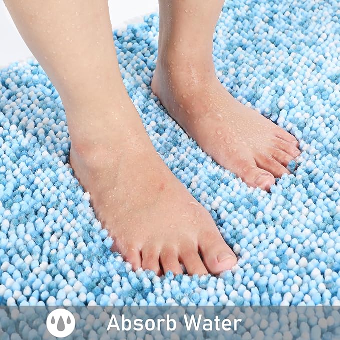 Yimobra Luxury Bathroom Rugs, 47x24, Extra Soft Chenille Mats for Bathroom Non Slip, Fluffy Long Matts for Tub, Plush Shaggy Carpet Runner, Water Absorbent, Machine Washable, Blue & Light Blue