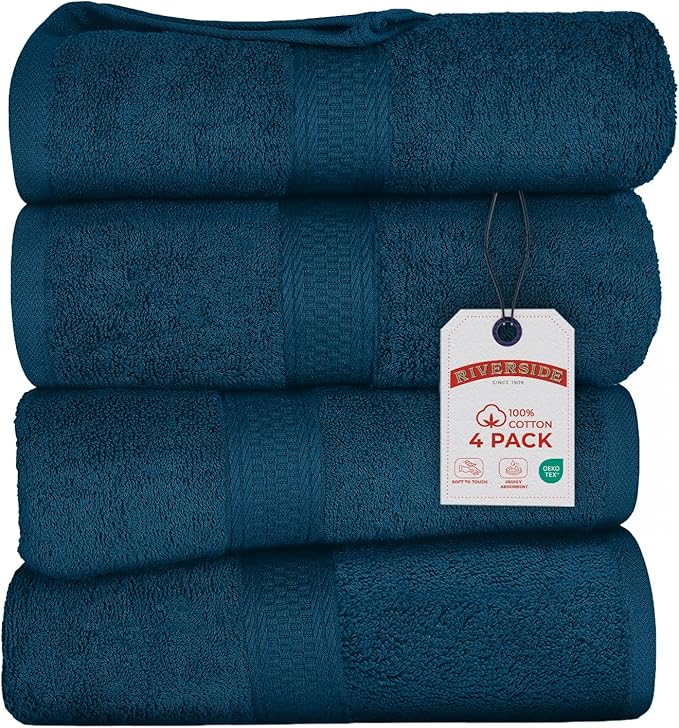 RIVERSIDE 100% Ring Spun Cotton Large Bath Towels Set of 4, 27 x 54 – Quick Dry, Soft & Highly Absorbent Towels for Shower & Bathroom – Luxury 600 GSM Towels for Home, Spa, Gym, Hotel, Blue Opal