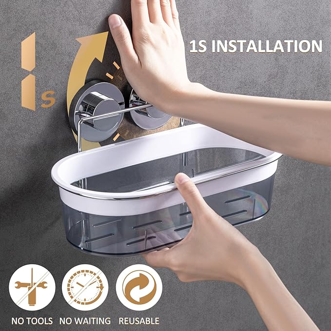 LEVERLOC Shower Caddy Suction Cup, Shower Organizer Removable Bathroom Shelf, Storage Suction Powerful Max Hold 22lbs Bathroom Caddy Waterproof Holder, Chrome & Clear